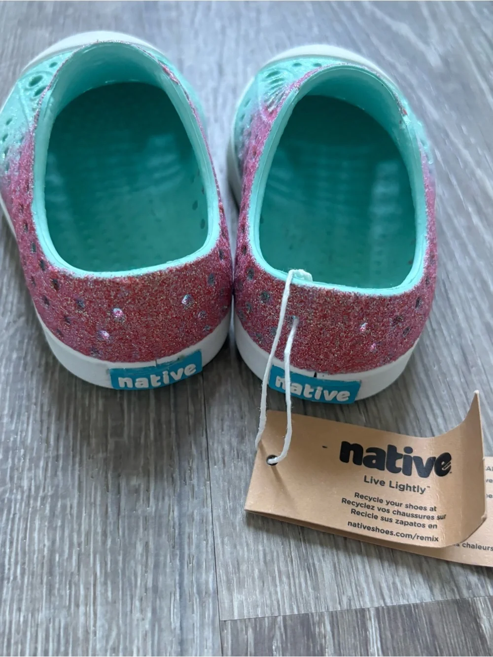 NWT Native Jefferson Glitter Slip-On Kids Shoes - Teal & Pink Size 4C